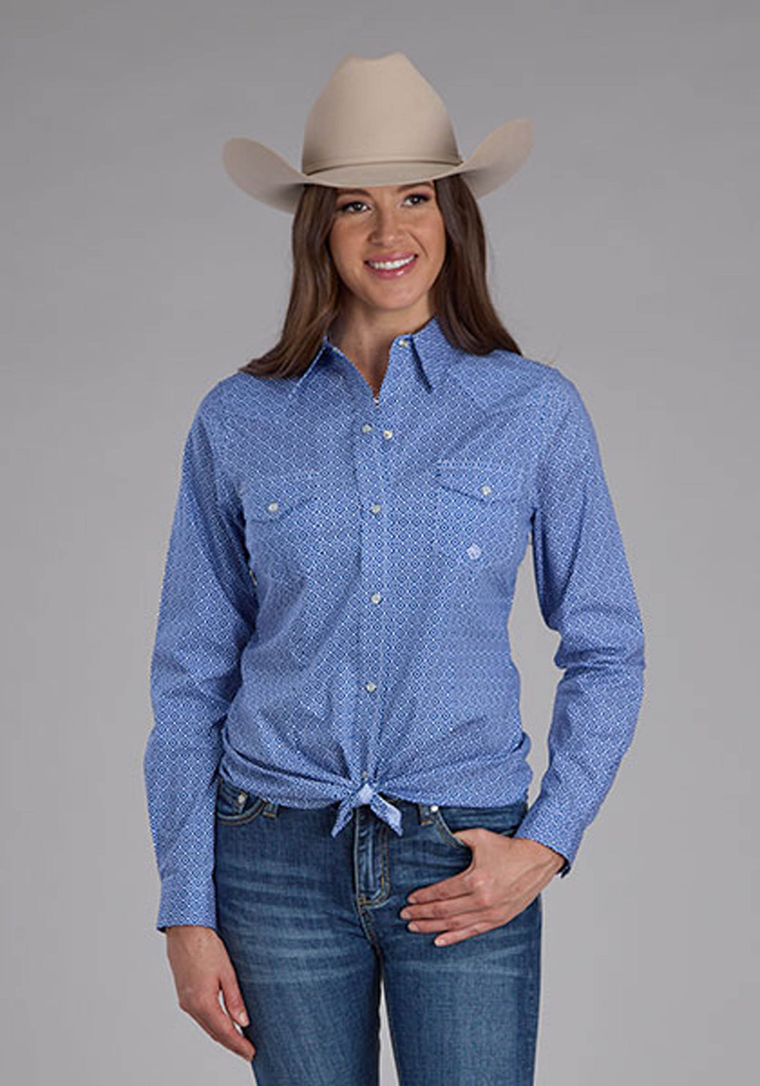 WOMENS STRETCH FOULARD PRINT - BLUE LONG SLEEVE SNAP WESTERN SHIRT
