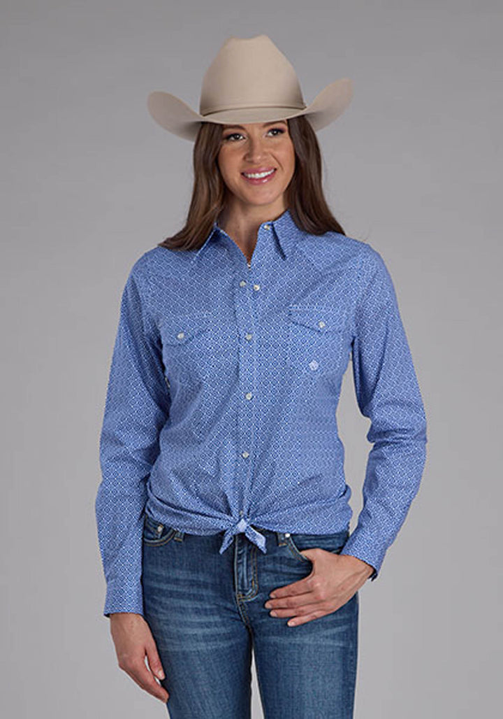 WOMENS STRETCH FOULARD PRINT - BLUE LONG SLEEVE SNAP WESTERN SHIRT