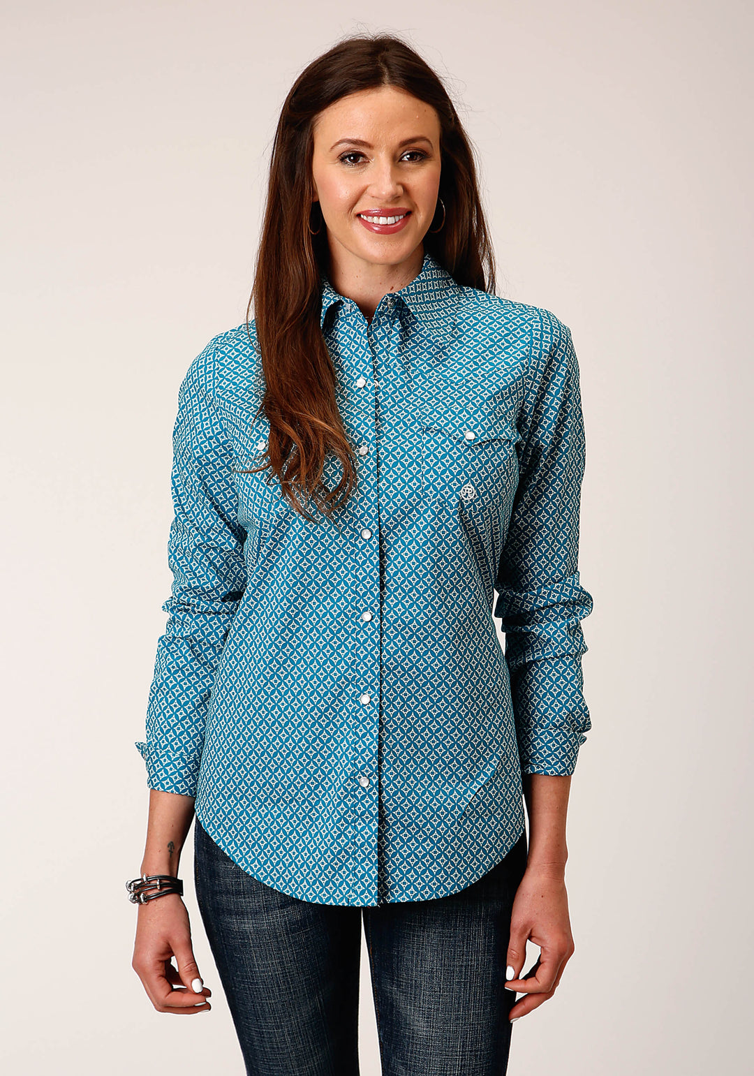 WOMENS LONG SLEEVE SNAP DIAMOND PRINT  TURQUOISE WESTERN SHIRT