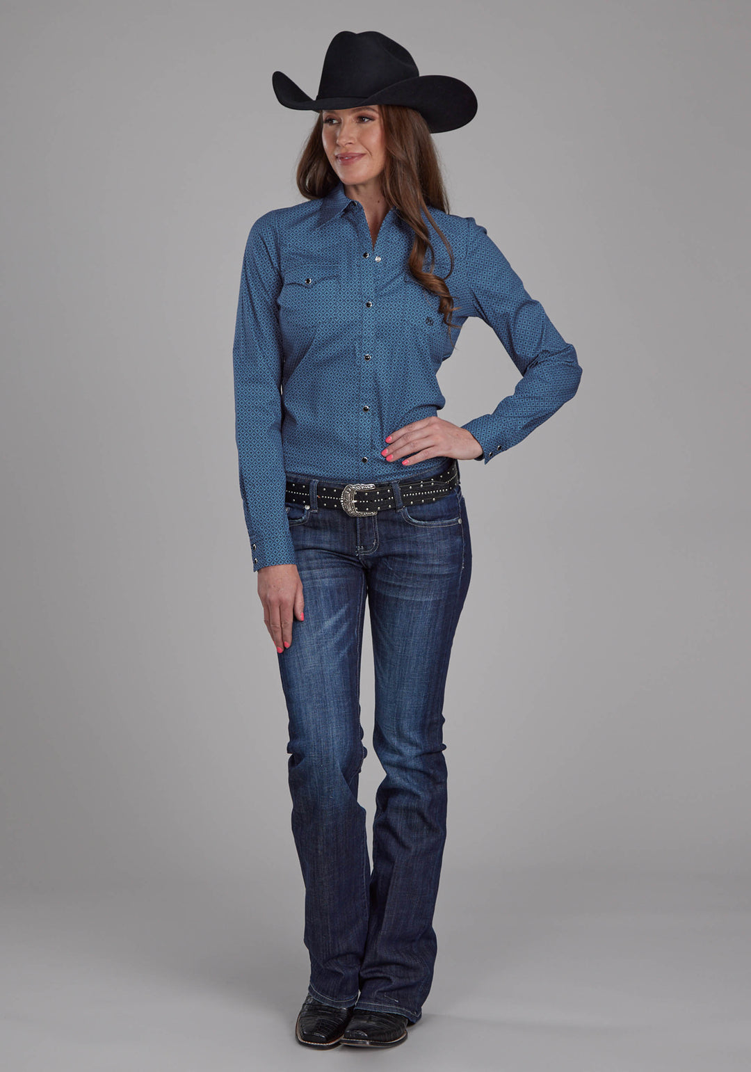 WOMENS STRETCH POPLIN - BLUE DIAMOND PRINT LONG SLEEVE SNAP WESTERN SHIRT