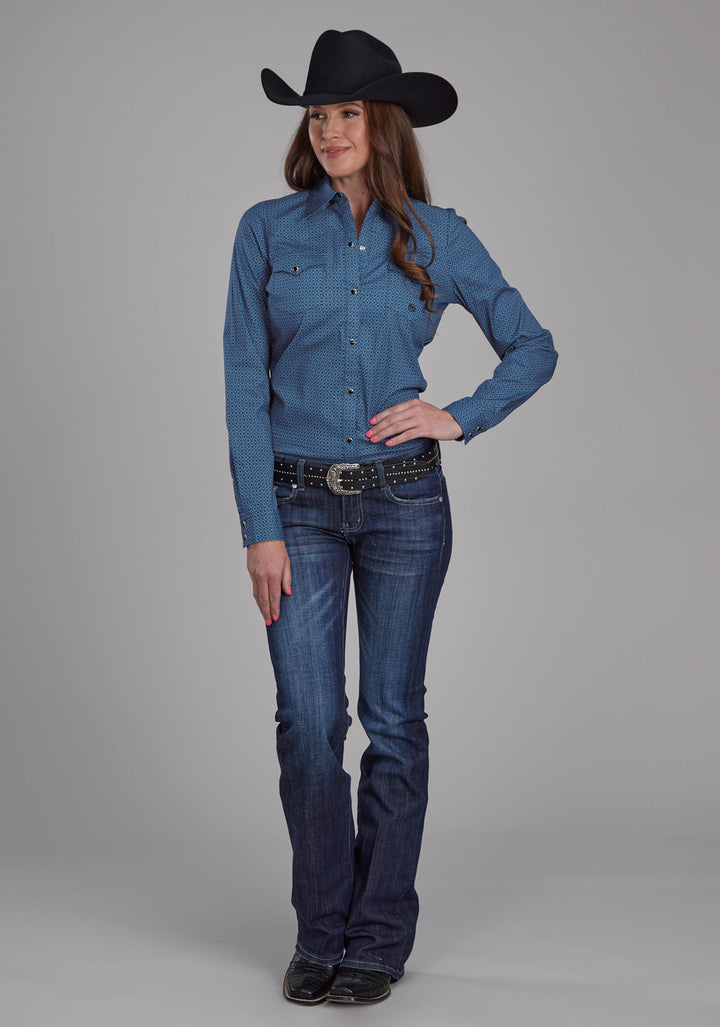 WOMENS STRETCH POPLIN - BLUE DIAMOND PRINT LONG SLEEVE SNAP WESTERN SHIRT