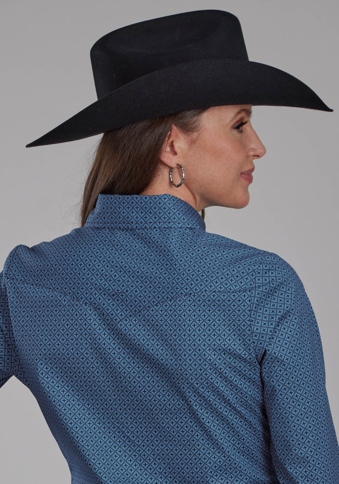 WOMENS STRETCH POPLIN - BLUE DIAMOND PRINT LONG SLEEVE SNAP WESTERN SHIRT