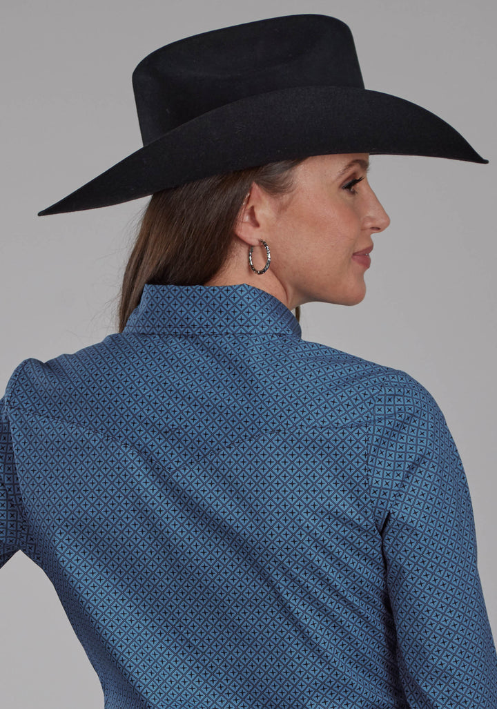 WOMENS STRETCH POPLIN - BLUE DIAMOND PRINT LONG SLEEVE SNAP WESTERN SHIRT