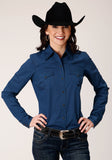 WOMENS LONG SLEEVE SNAP BLACK FILL  SOLID BLUE WESTERN SHIRT