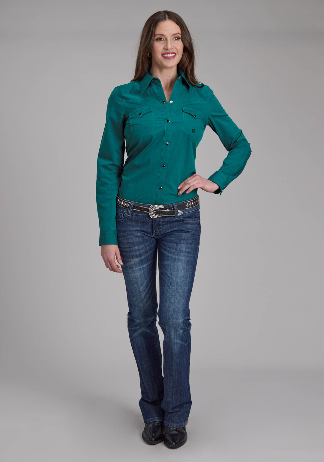 WOMENS BLACK FILL SOLID POPLIN - TEAL LONG SLEEVE SNAP WESTERN SHIRT