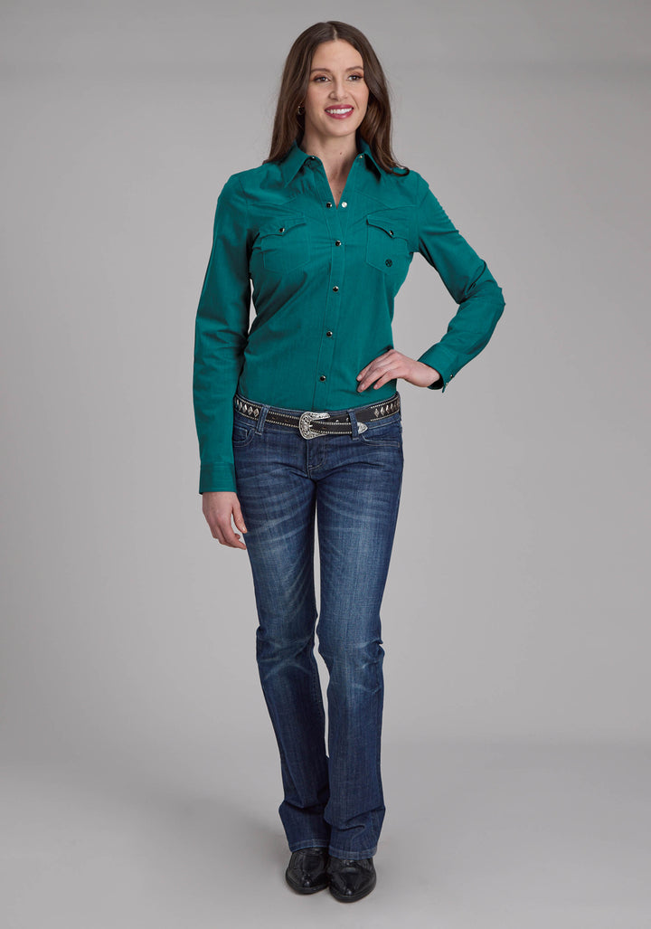 WOMENS BLACK FILL SOLID POPLIN - TEAL LONG SLEEVE SNAP WESTERN SHIRT