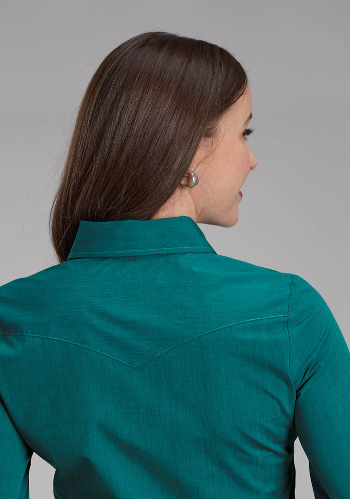 WOMENS BLACK FILL SOLID POPLIN - TEAL LONG SLEEVE SNAP WESTERN SHIRT