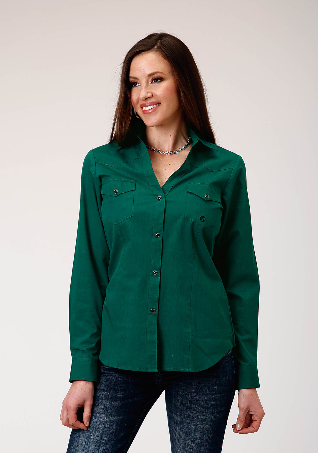 WOMENS LONG SLEEVE SNAP BLACK FILL SOLID GREEN WESTERN SHIRT