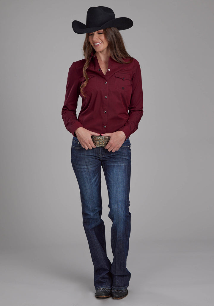 WOMENS SOLID BLACK FILL POPLIN - RED LONG SLEEVE SNAP WESTERN SHIRT