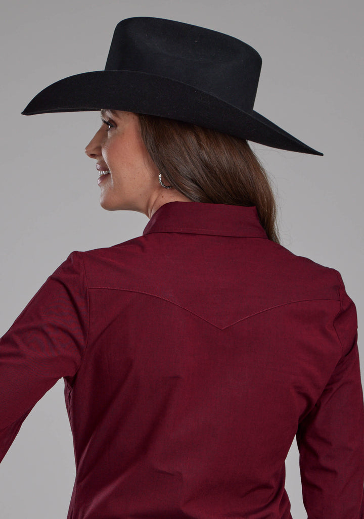 WOMENS SOLID BLACK FILL POPLIN - RED LONG SLEEVE SNAP WESTERN SHIRT