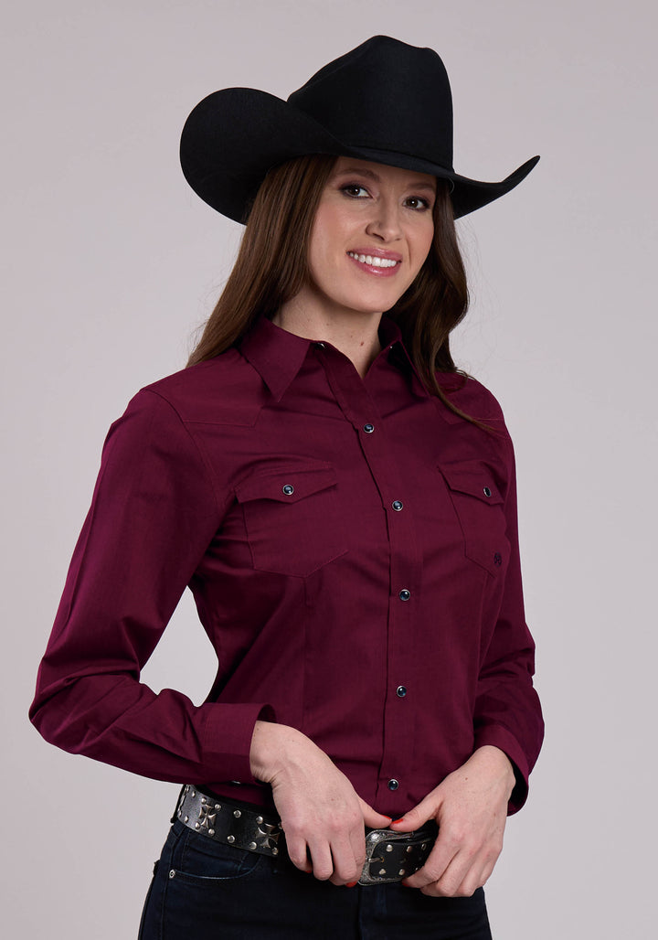 WOMENS LONG SLEEVE SNAP BLACK FILL - WINE WESTERN SHIRT