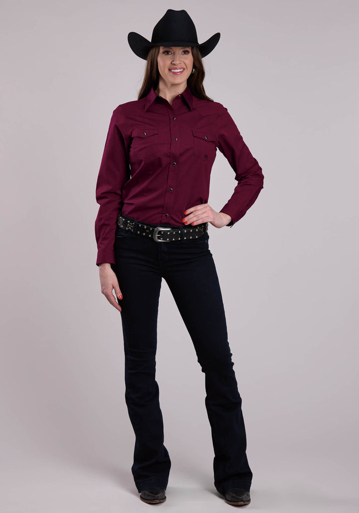 WOMENS LONG SLEEVE SNAP BLACK FILL - WINE WESTERN SHIRT