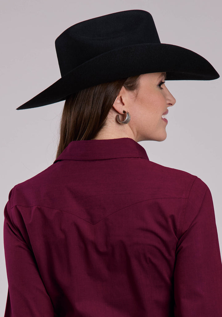WOMENS LONG SLEEVE SNAP BLACK FILL - WINE WESTERN SHIRT