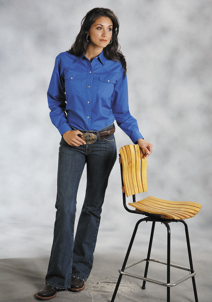 WOMENS BLUE SOLID LONG SLEEVE WESTERN SNAP SHIRT
