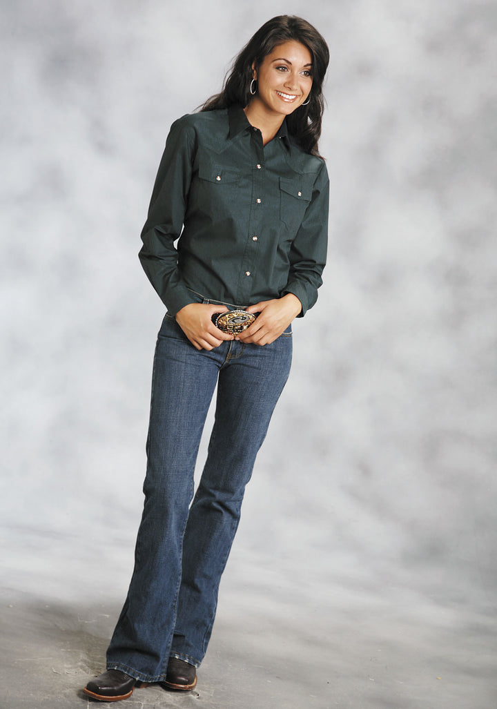 WOMENS GREEN SOLID LONG SLEEVE WESTERN SNAP SHIRT