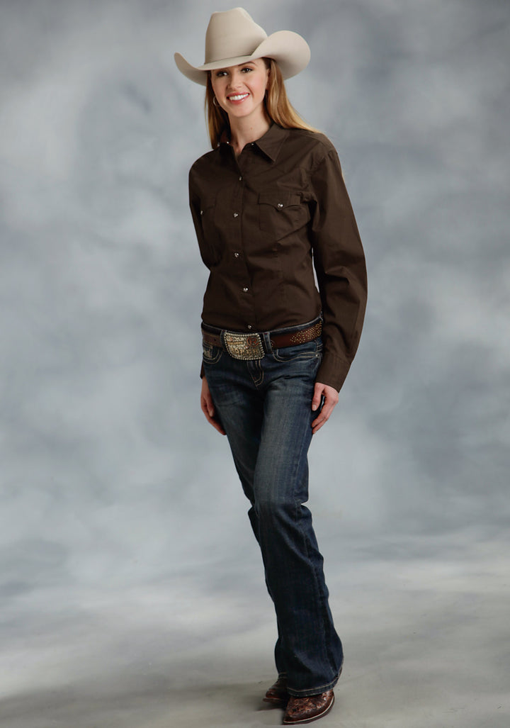 WOMENS BROWN SOLID LONG SLEEVE WESTERN SNAP SHIRT