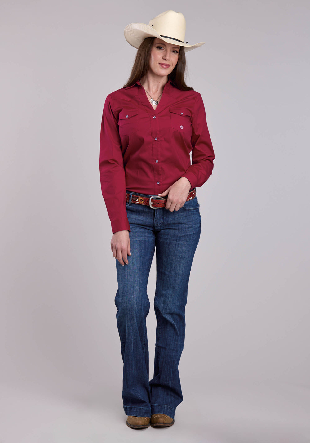 WOMENS ROPER SOLID STRETCH POPLIN RED LONG SLEEVE SNAP SHIRT