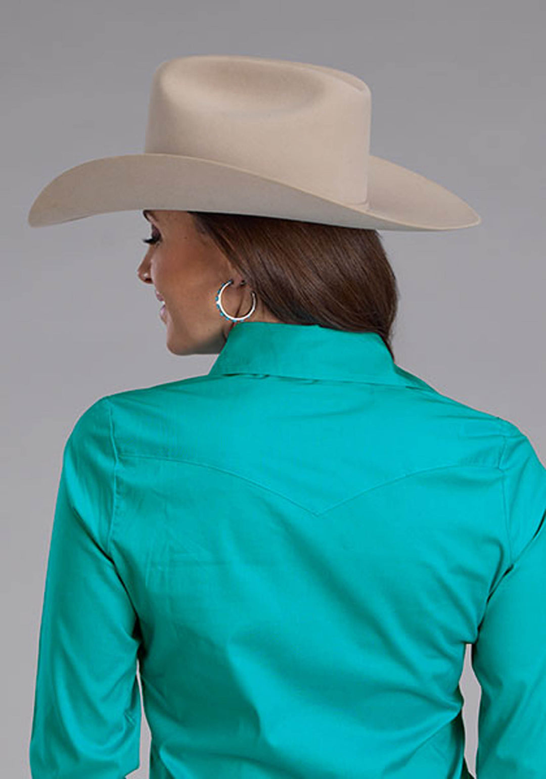 WOMENS SOLID STRETCH POPLIN - TURQUOISE LONG SLEEVE SNAP WESTERN SHIRT