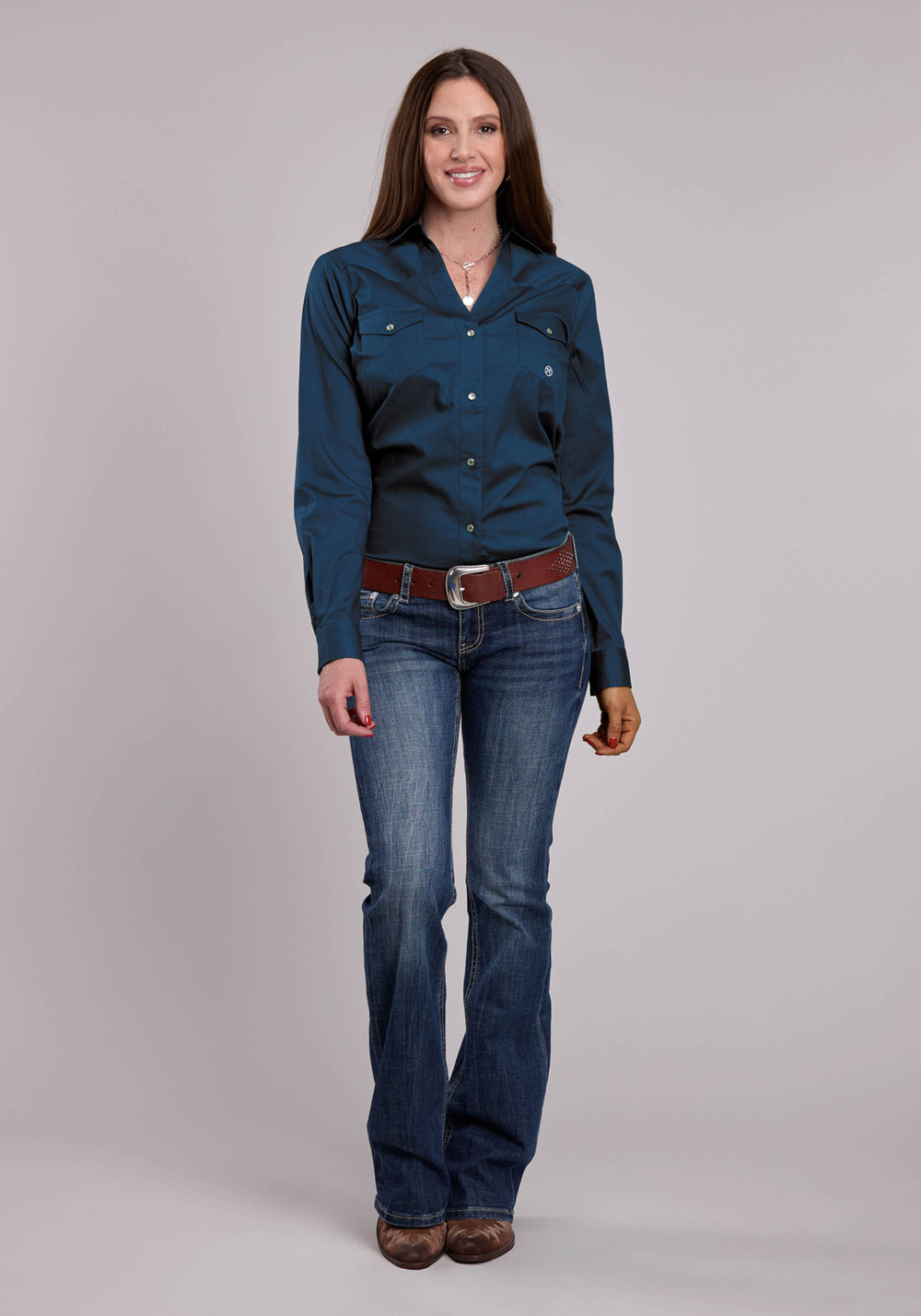 WOMENS ROPER SOLID STRETCH POPLIN NAVY LONG SLEEVE SNAP SHIRT
