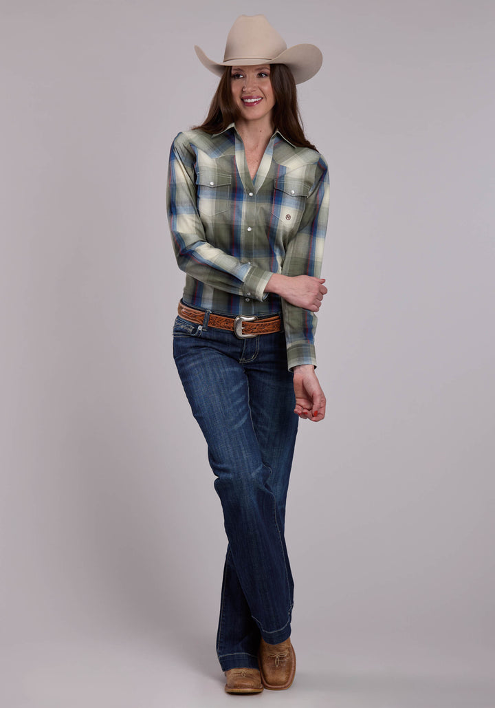 WOMENS LONG SLEEVE SNAP EVERGREEN PLAID WESTERN SHIRT