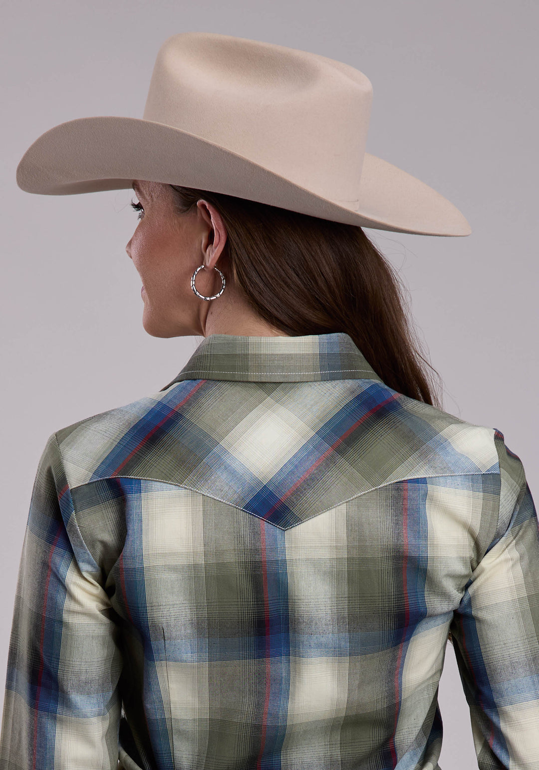 WOMENS LONG SLEEVE SNAP EVERGREEN PLAID WESTERN SHIRT