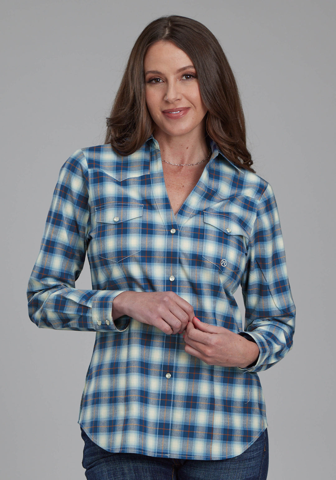 WOMENS STRETC PLAID - BLUE LONG SLEEVE SNAP WESTERN SHIRT