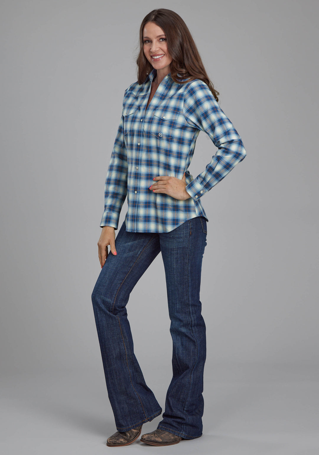 WOMENS STRETC PLAID - BLUE LONG SLEEVE SNAP WESTERN SHIRT