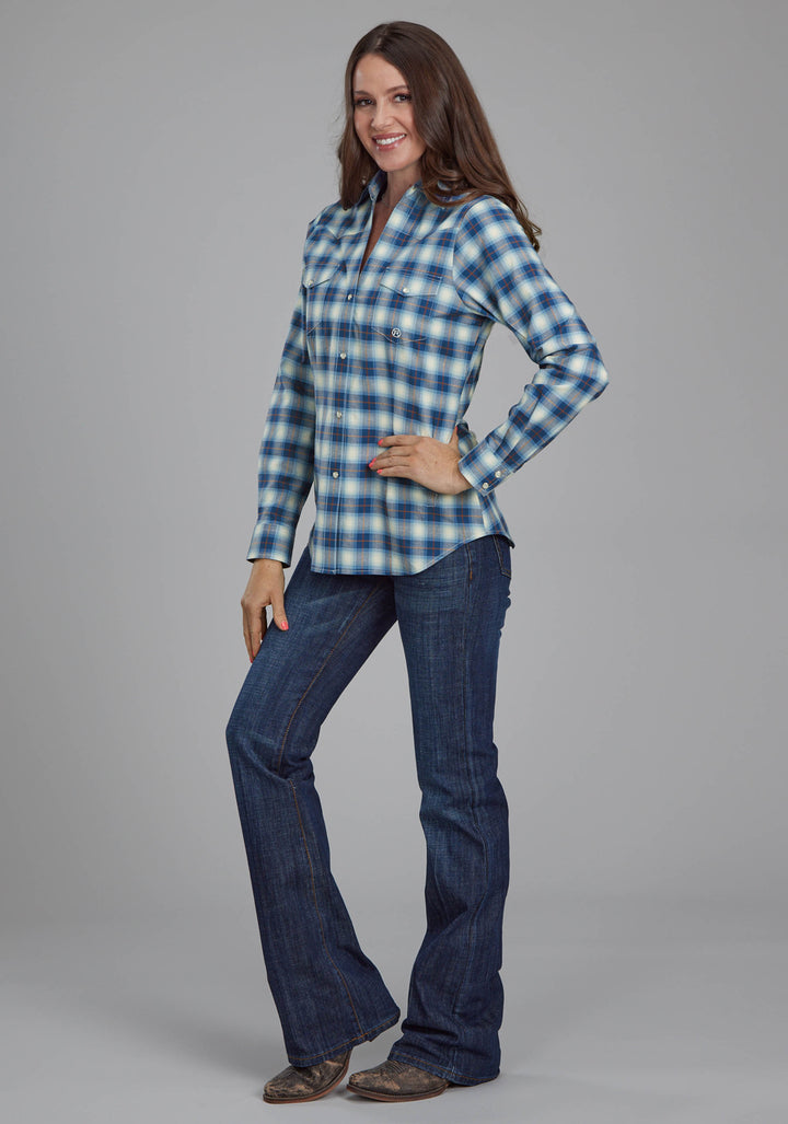 WOMENS STRETC PLAID - BLUE LONG SLEEVE SNAP WESTERN SHIRT