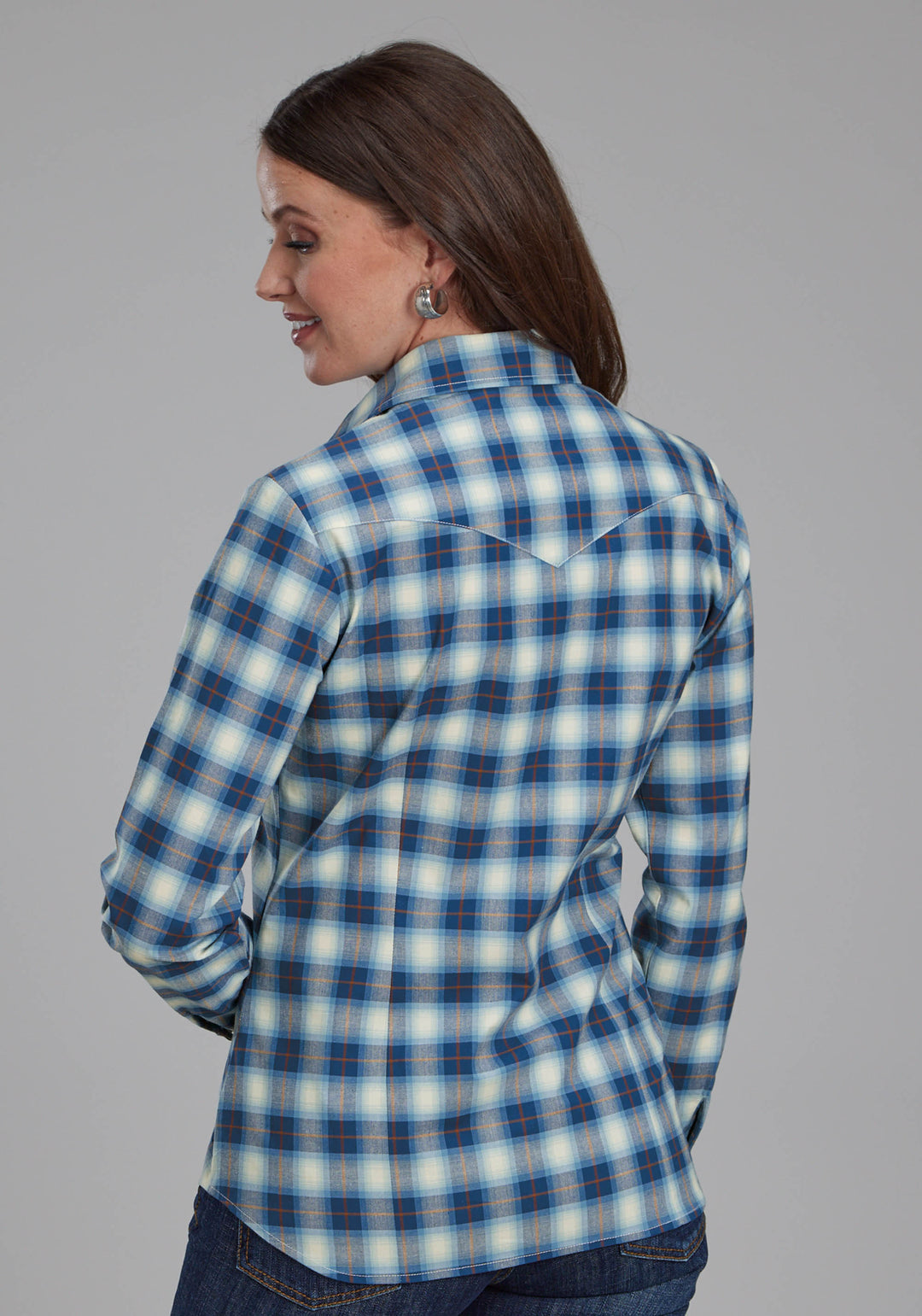 WOMENS STRETC PLAID - BLUE LONG SLEEVE SNAP WESTERN SHIRT