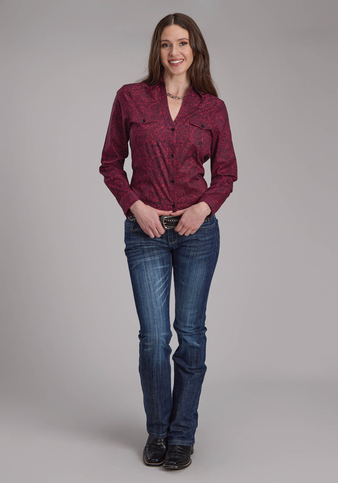 WOMENS BURGUNDY PAISLEY LONG SLEEVE BUTTON WESTERN SHIRT