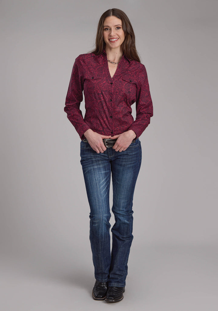 WOMENS BURGUNDY PAISLEY LONG SLEEVE BUTTON WESTERN SHIRT
