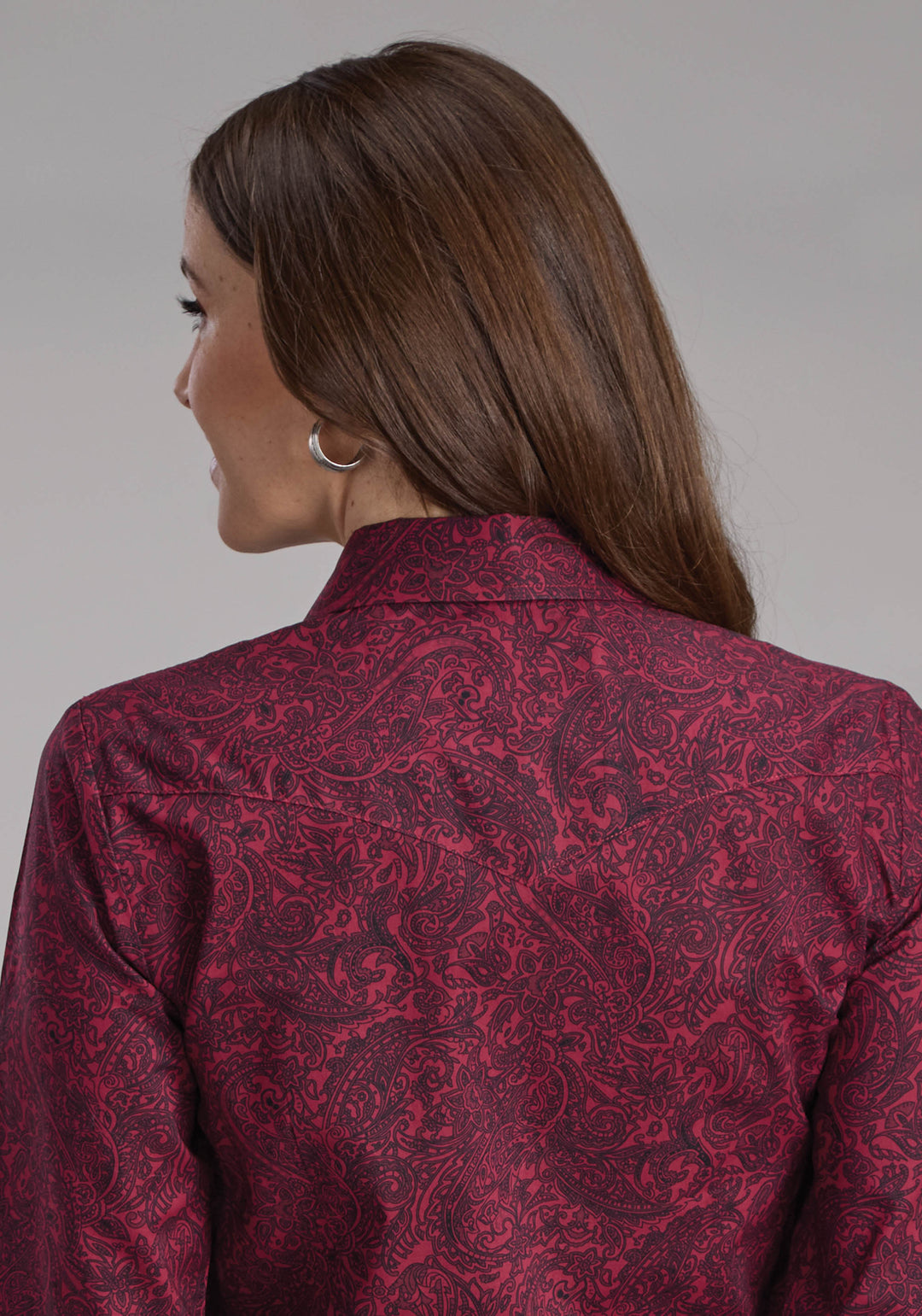 WOMENS BURGUNDY PAISLEY LONG SLEEVE BUTTON WESTERN SHIRT