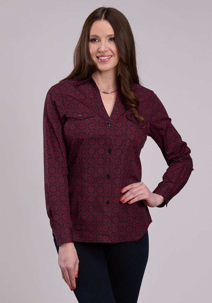 WOMENS LONG SLEEVE BUTTON GARNET MEDALLION WESTERN SHIRT