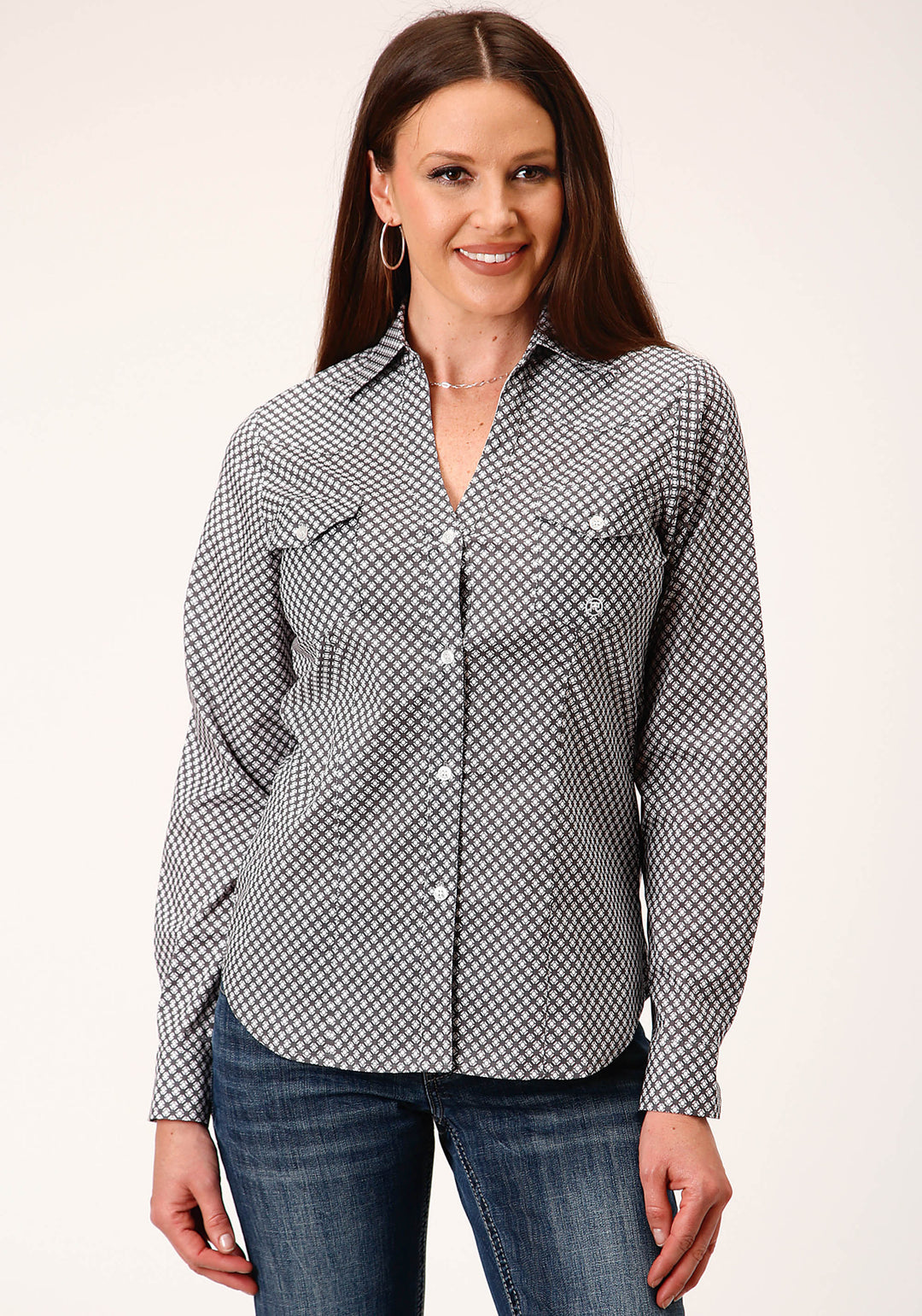 WOMENS LONG SLEEVE BUTTON DIAMOND STAR GEO  GREY WESTERN SHIRT