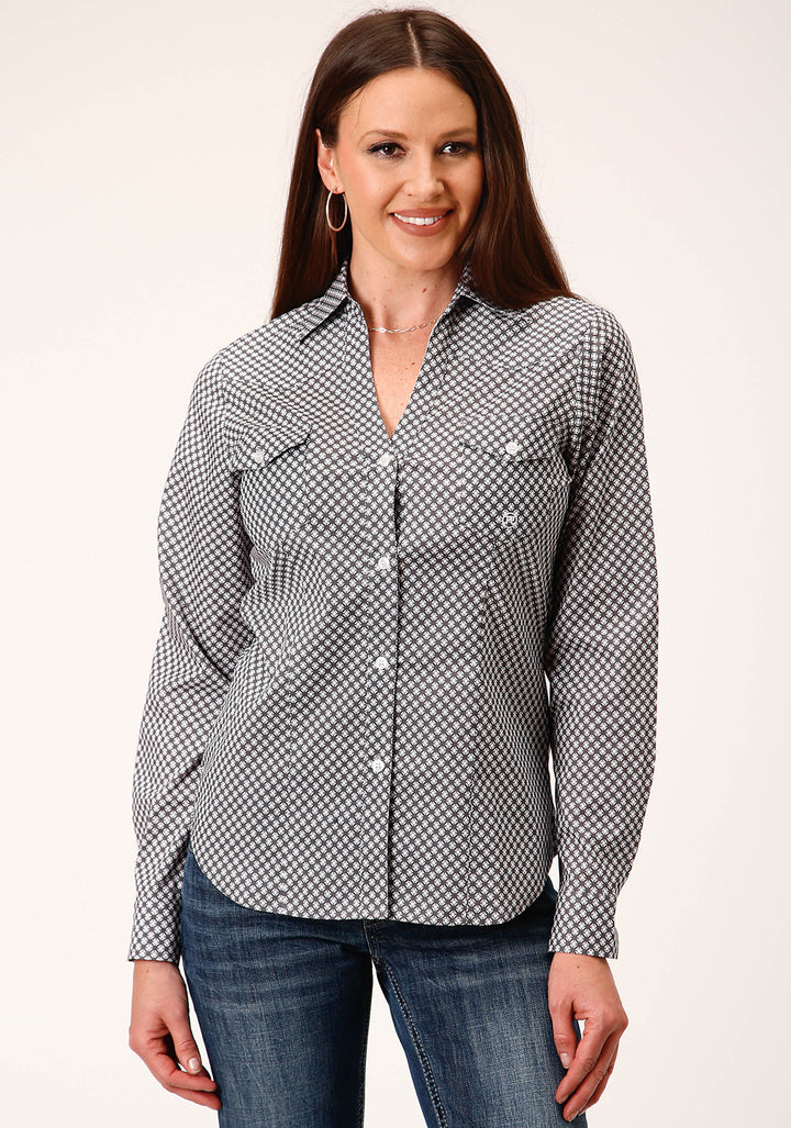 WOMENS LONG SLEEVE BUTTON DIAMOND STAR GEO  GREY WESTERN SHIRT
