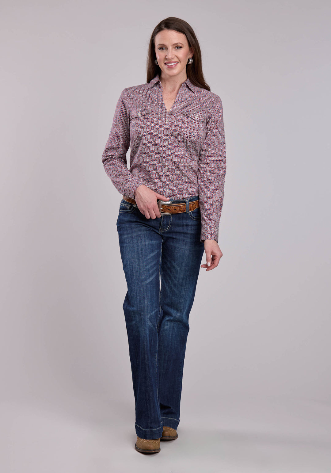 WOMENS ROPER RED TILE FOULARD LONG SLEEVE BUTTON SHIRT