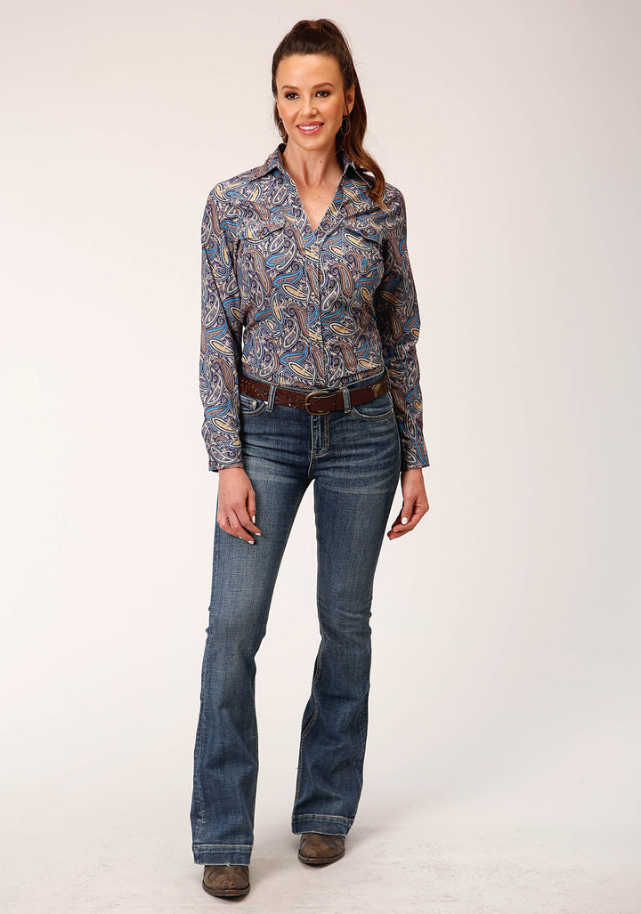 WOMENS LONG SLEEVE BUTTON ROYAL PAISLEY WESTERN SHIRT