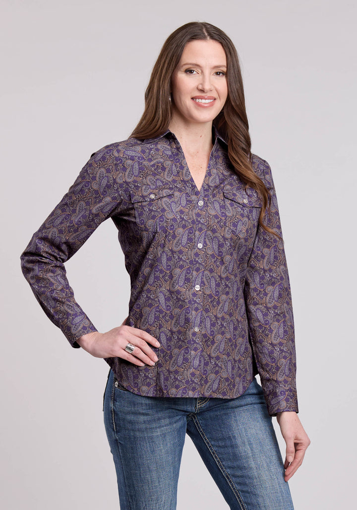 WOMENS LONG SLEEVE BUTTON PURPLE HAZE PAISLEY WESTERN SHIRT