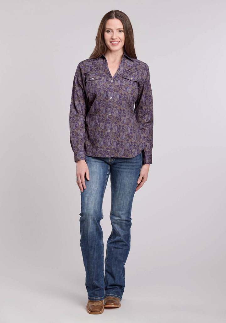 WOMENS LONG SLEEVE BUTTON PURPLE HAZE PAISLEY WESTERN SHIRT