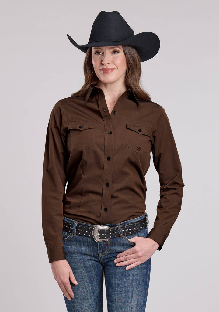 WOMENS LONG SLEEVE BUTTON SOLID POPLIN - BLACK FILL BROWN WESTERN SHIRT