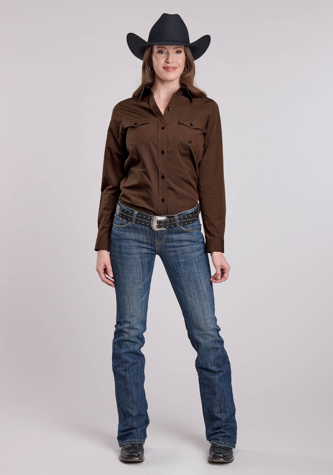 WOMENS LONG SLEEVE BUTTON SOLID POPLIN - BLACK FILL BROWN WESTERN SHIRT