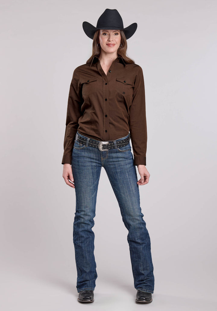 WOMENS LONG SLEEVE BUTTON SOLID POPLIN - BLACK FILL BROWN WESTERN SHIRT