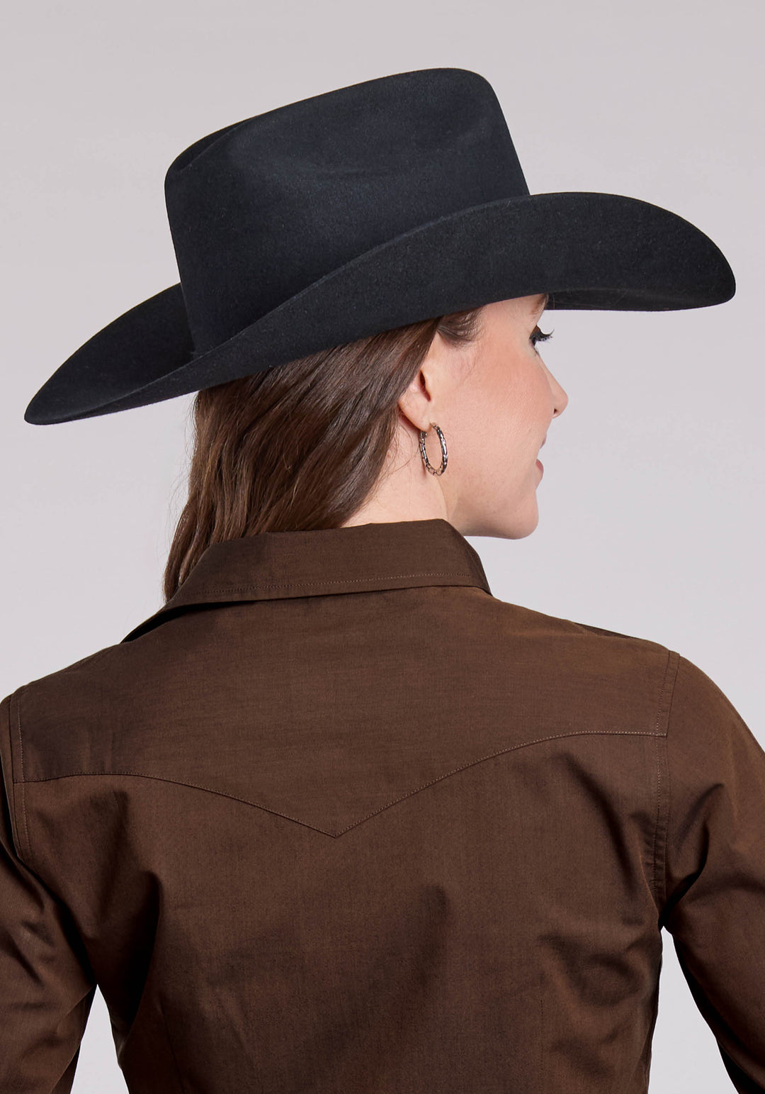 WOMENS LONG SLEEVE BUTTON SOLID POPLIN - BLACK FILL BROWN WESTERN SHIRT