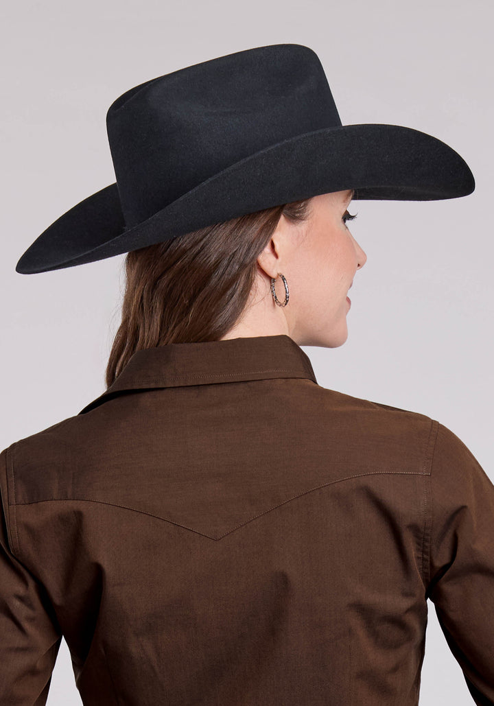 WOMENS LONG SLEEVE BUTTON SOLID POPLIN - BLACK FILL BROWN WESTERN SHIRT