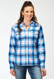 WOMENS LONG SLEEVE BUTTON STRETCH POPLIN BLUE PLAID WESTERN SHIRT