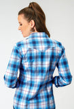 WOMENS LONG SLEEVE BUTTON STRETCH POPLIN BLUE PLAID WESTERN SHIRT