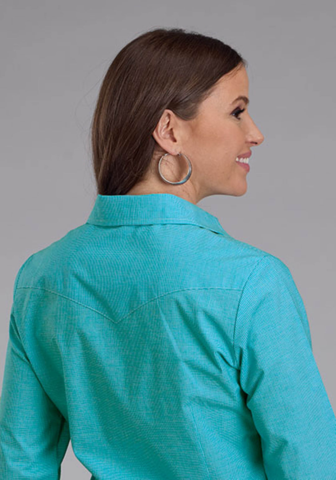 WOMENS STRETCH MINI CHECK - TURQUOISE LONG SLEEVE BUTTON WESTERN SHIRT