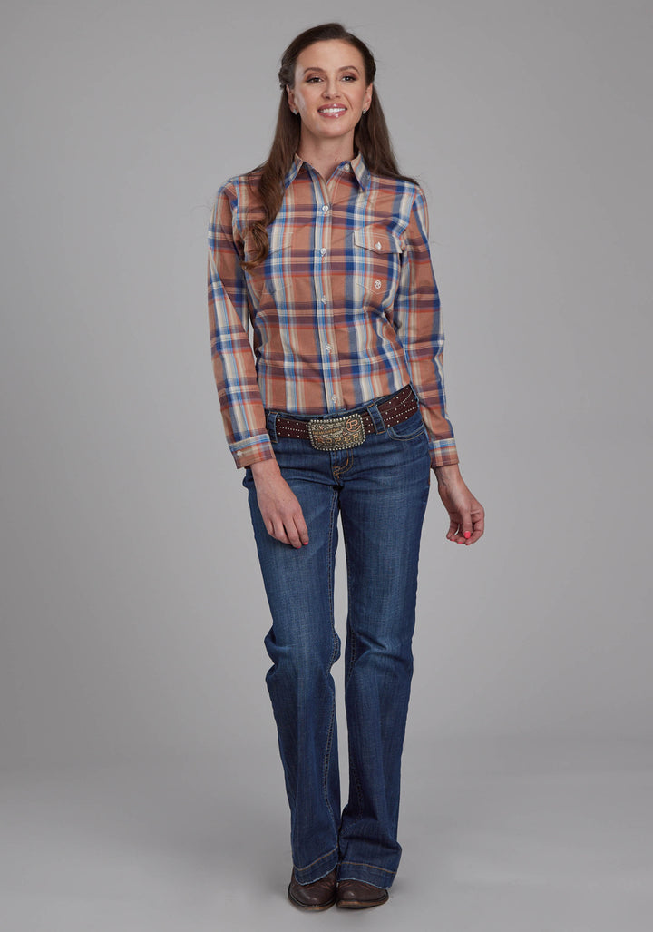 WOMENS FALLING LEAVES PLAID LONG SLEEVE BUTTON WESTERN SHIRT