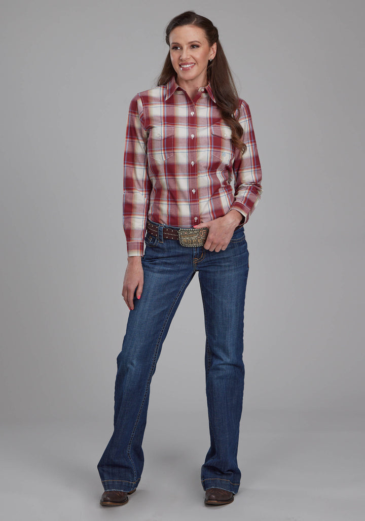 WOMENS '57 CHEVY PLAID LONG SLEEVE BUTTON WESTERN SHIRT