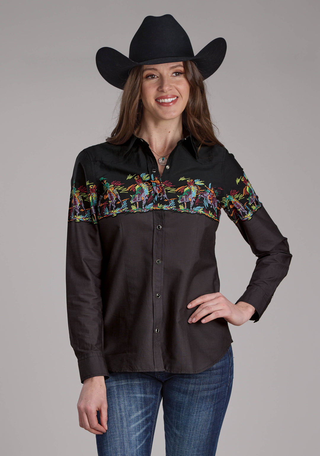 WOMENS SCRIBBLE BULLRIDERS BORDER SCENIC LONG SLEEVE SNAP WESTERN SHIRT